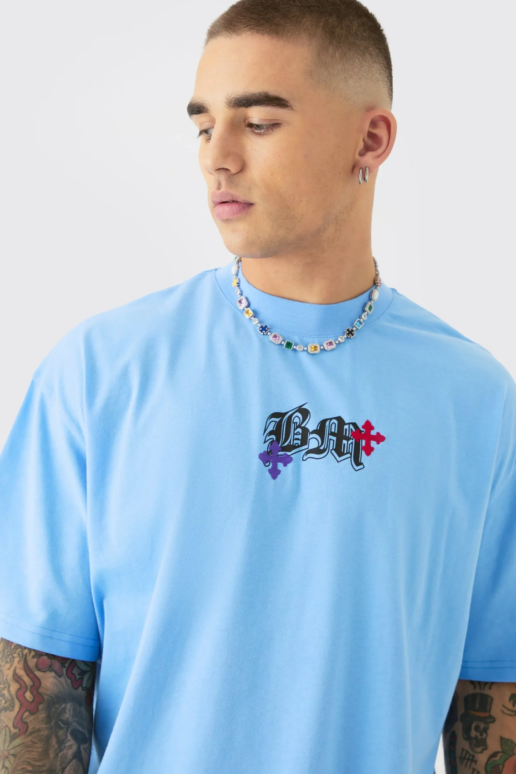 Oversized Heavyweight BM Cross Embroidered T-shirt | UK^boohooMAN