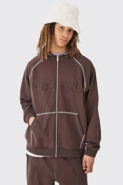 boohooMAN Oversized Heavyweight Contrast Stitch OFCL Applique Zip Thru Hoodie | UK| Hoodies & Sweatshirts