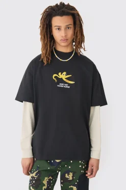 Oversized Heavyweight Split Hem Faux Sleeve Print T-shirt | UK^boohooMAN Online