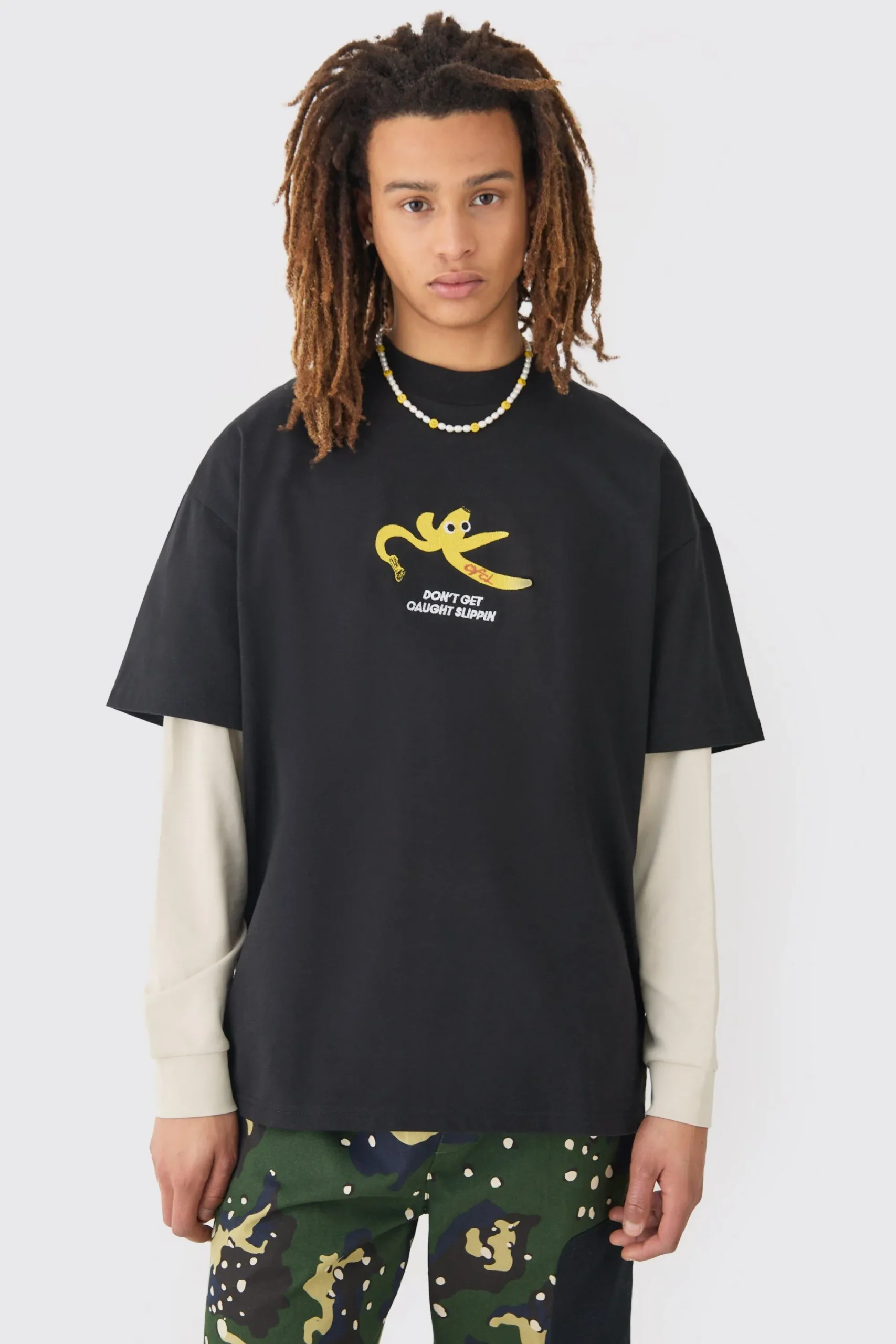 Oversized Heavyweight Split Hem Faux Sleeve Print T-shirt | UK^boohooMAN Online