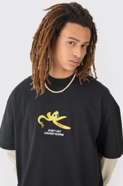 Oversized Heavyweight Split Hem Faux Sleeve Print T-shirt | UK^boohooMAN Online