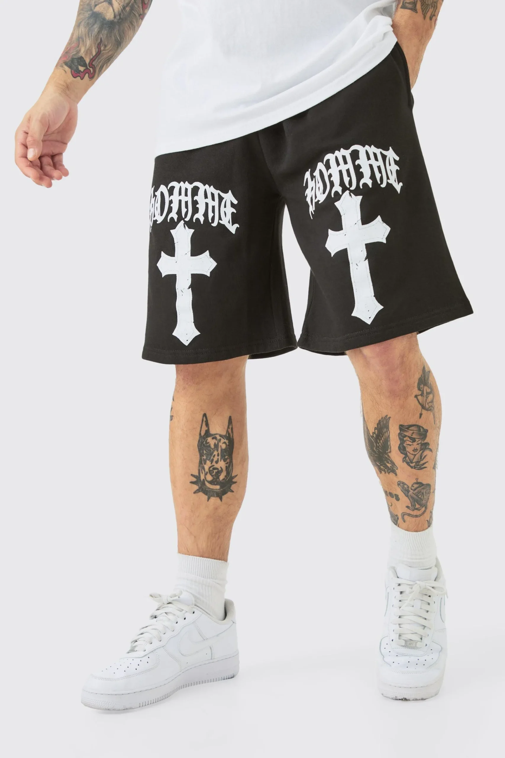 boohooMAN Oversized Homme Gothic Cross Print Short | UK| Shorts