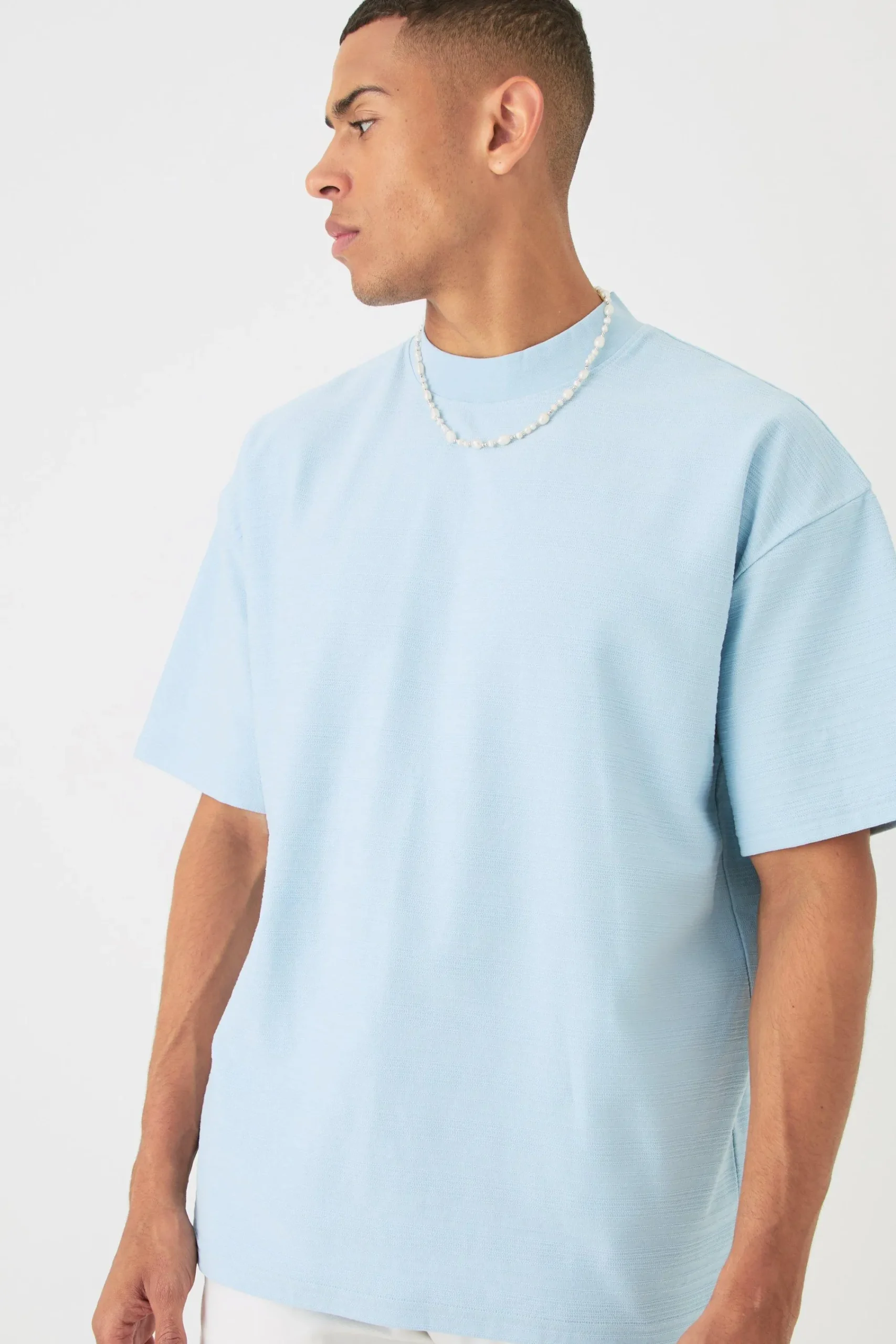 Oversized Jacquard Raised Striped Extended Neck T-shirt | UK^boohooMAN Outlet