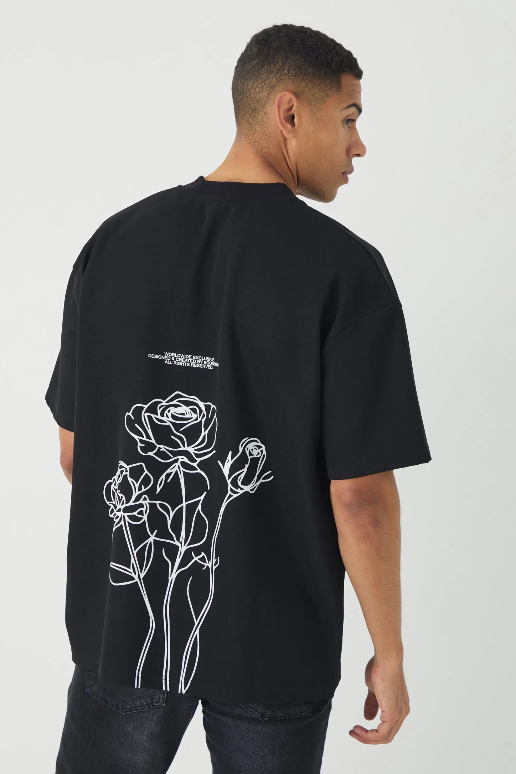 Oversized Jersey Twill Extended Neck Floral Print T-shirt | UK^boohooMAN Online