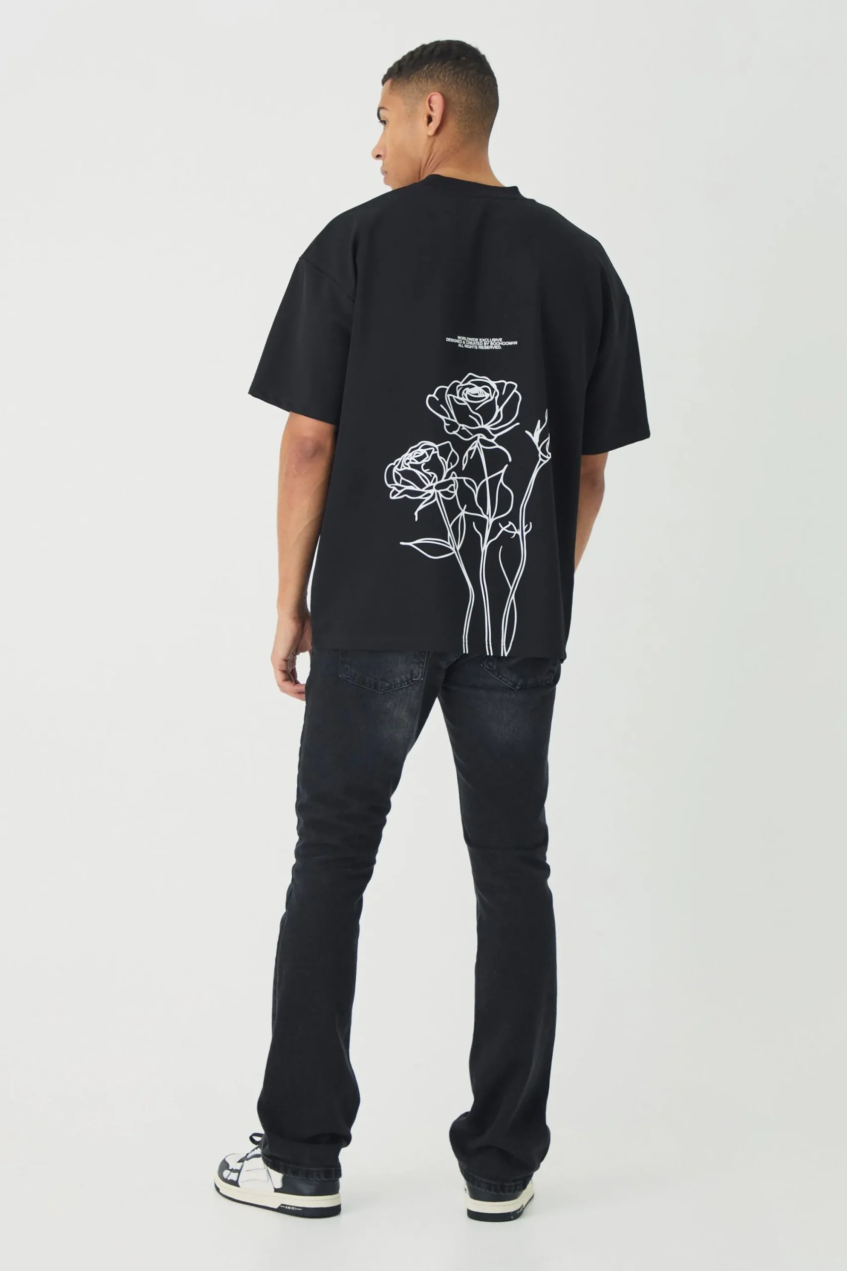 Oversized Jersey Twill Extended Neck Floral Print T-shirt | UK^boohooMAN Online