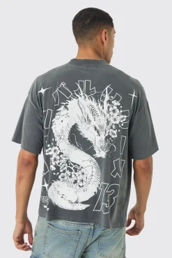 Oversized Large Scale Extended Neck Dragon Wash Print T-Shirt | UK^boohooMAN Best