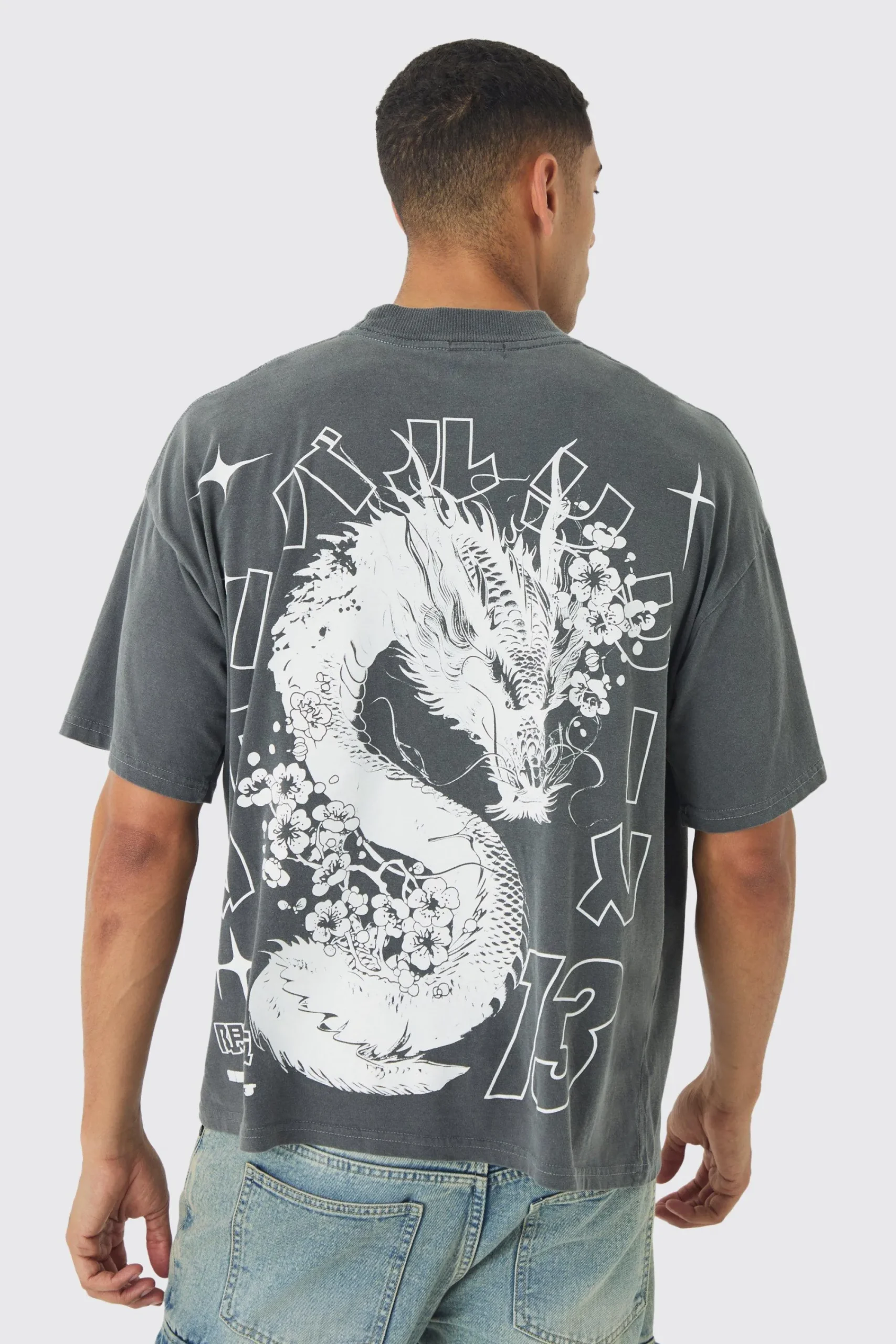 Oversized Large Scale Extended Neck Dragon Wash Print T-Shirt | UK^boohooMAN Best