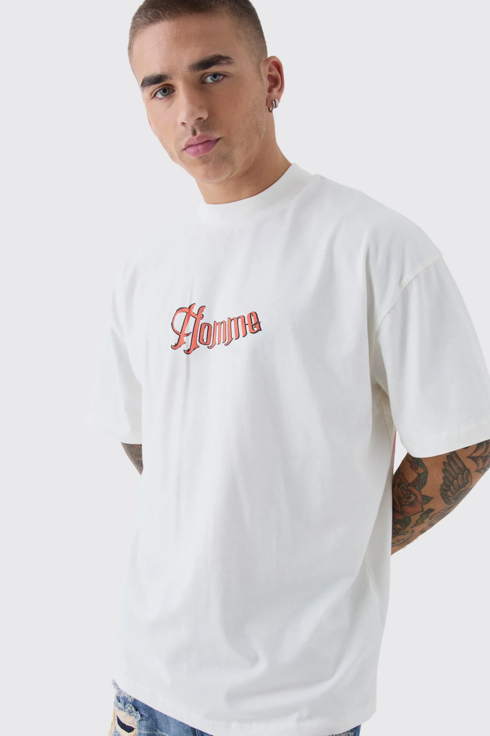 Oversized Large Scale Homme Tattoo Back Graphic T-Shirt | UK^boohooMAN
