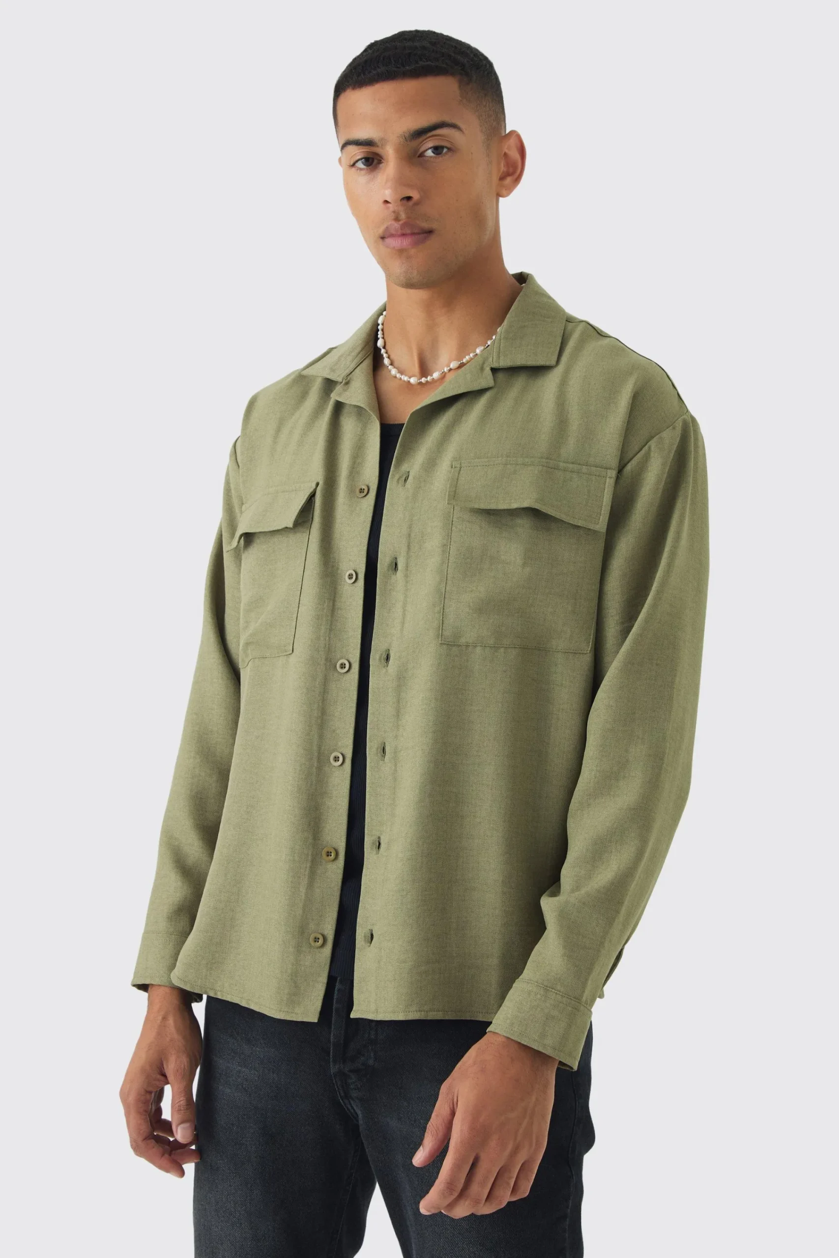 boohooMAN Oversized Linen Long Sleeve Revere Step Hem Shirt | UK| Shirts