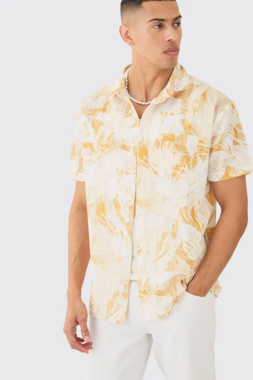 boohooMAN Oversized Linen Look Brush Palm Print Shirt | UK| Shirts