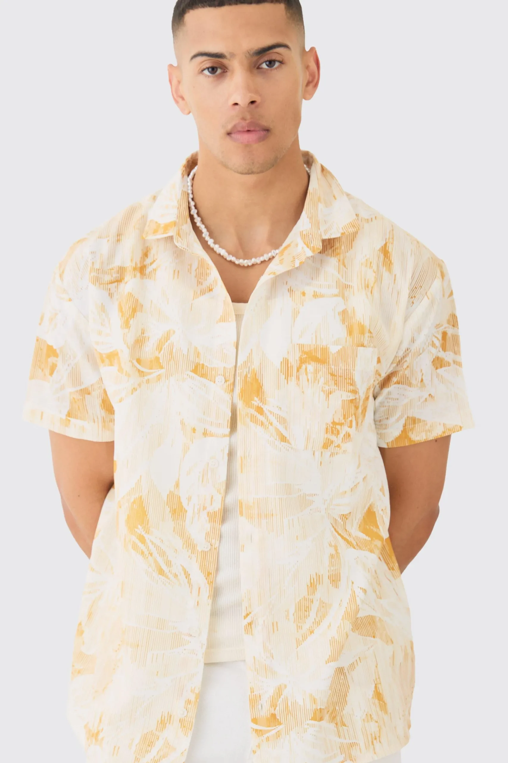boohooMAN Oversized Linen Look Brush Palm Print Shirt | UK| Shirts