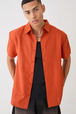 boohooMAN Oversized Linen Look Embroidered Hem Shirt | UK| Shirts