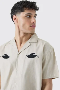 boohooMAN Oversized Linen Look Leaf Embroidered Shirt | UK| Shirts
