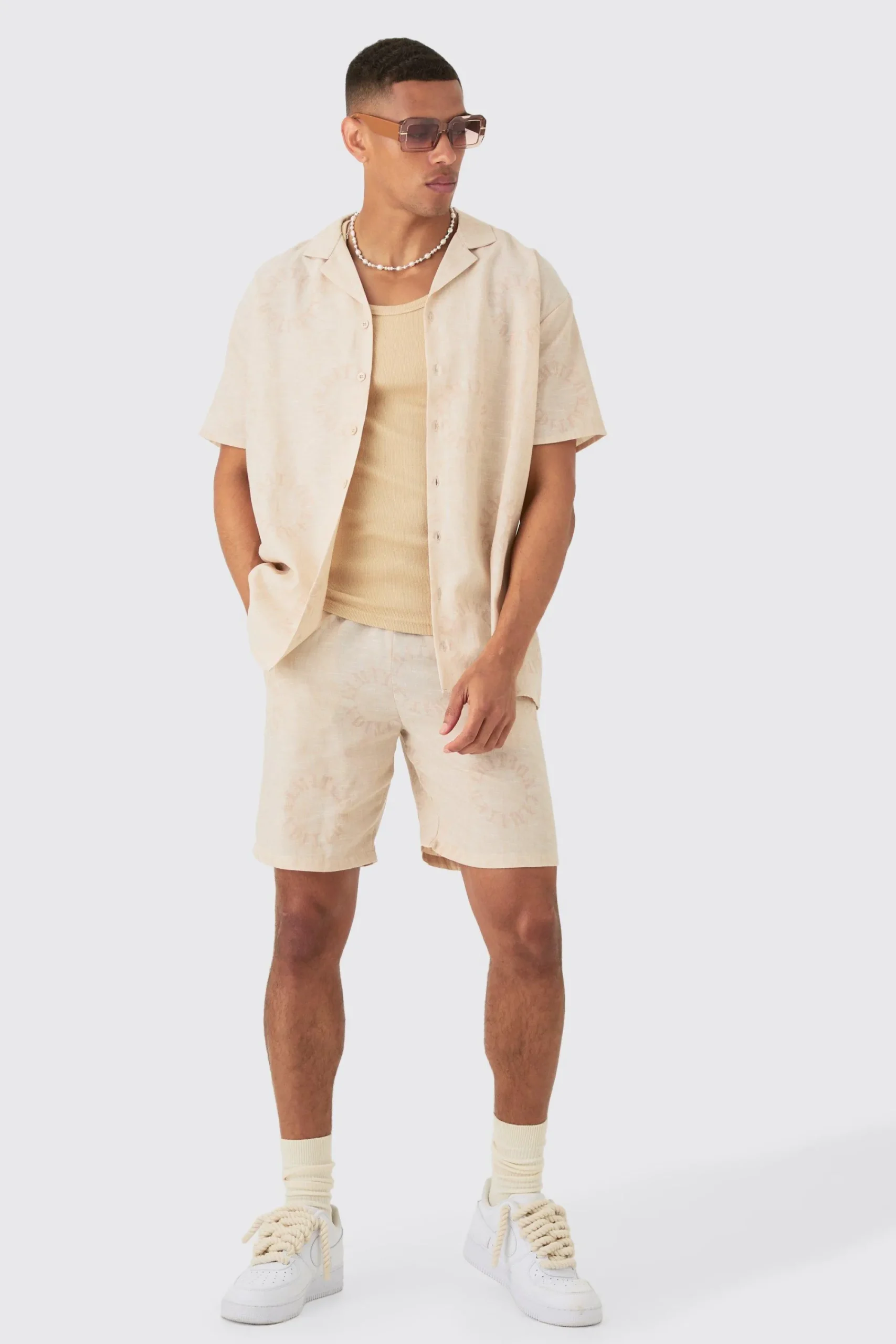 boohooMAN Oversized Linen Look Monogram Shirt & Short Set | UK| Sets & Co-Ords