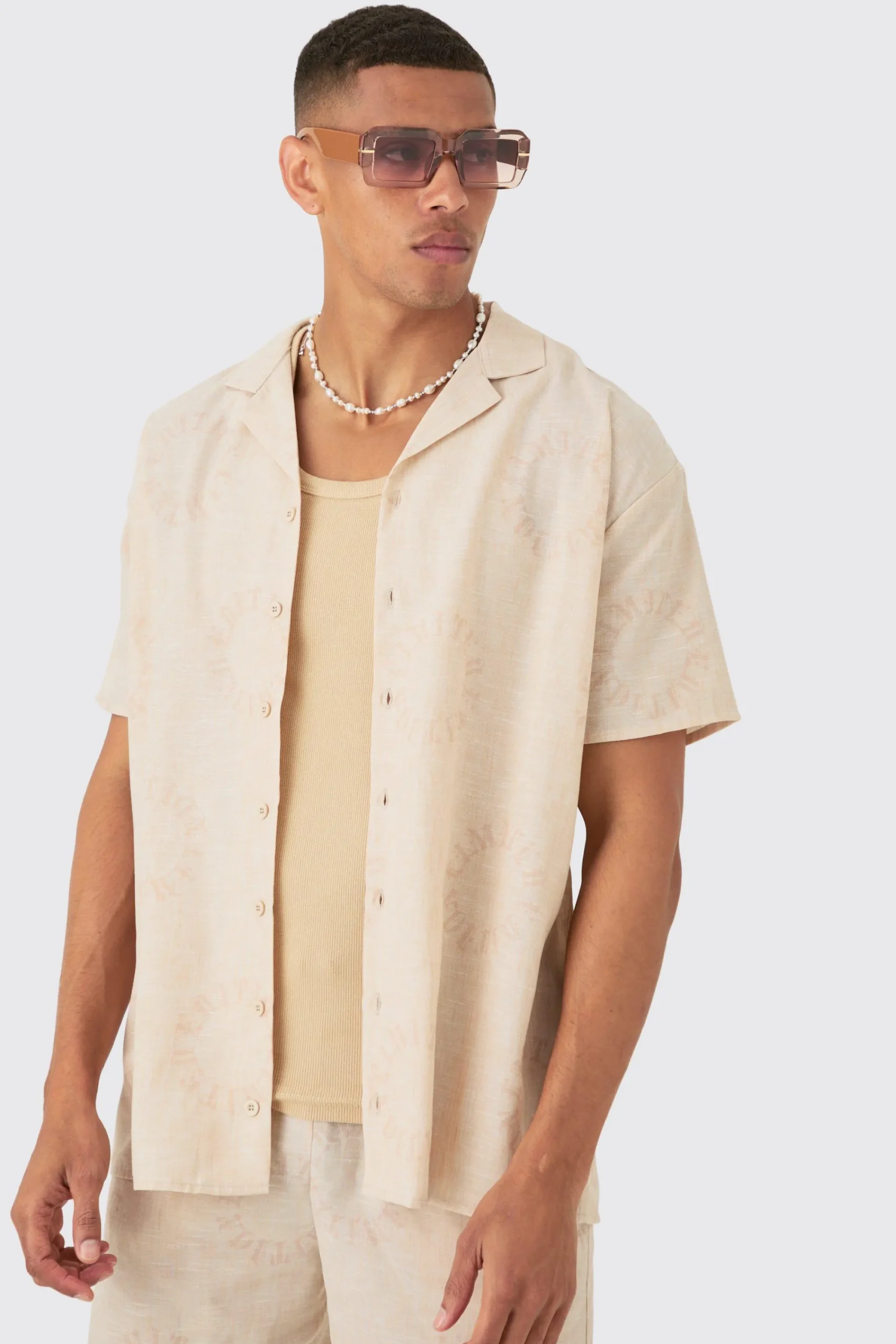 boohooMAN Oversized Linen Look Monogram Shirt & Short Set | UK| Sets & Co-Ords