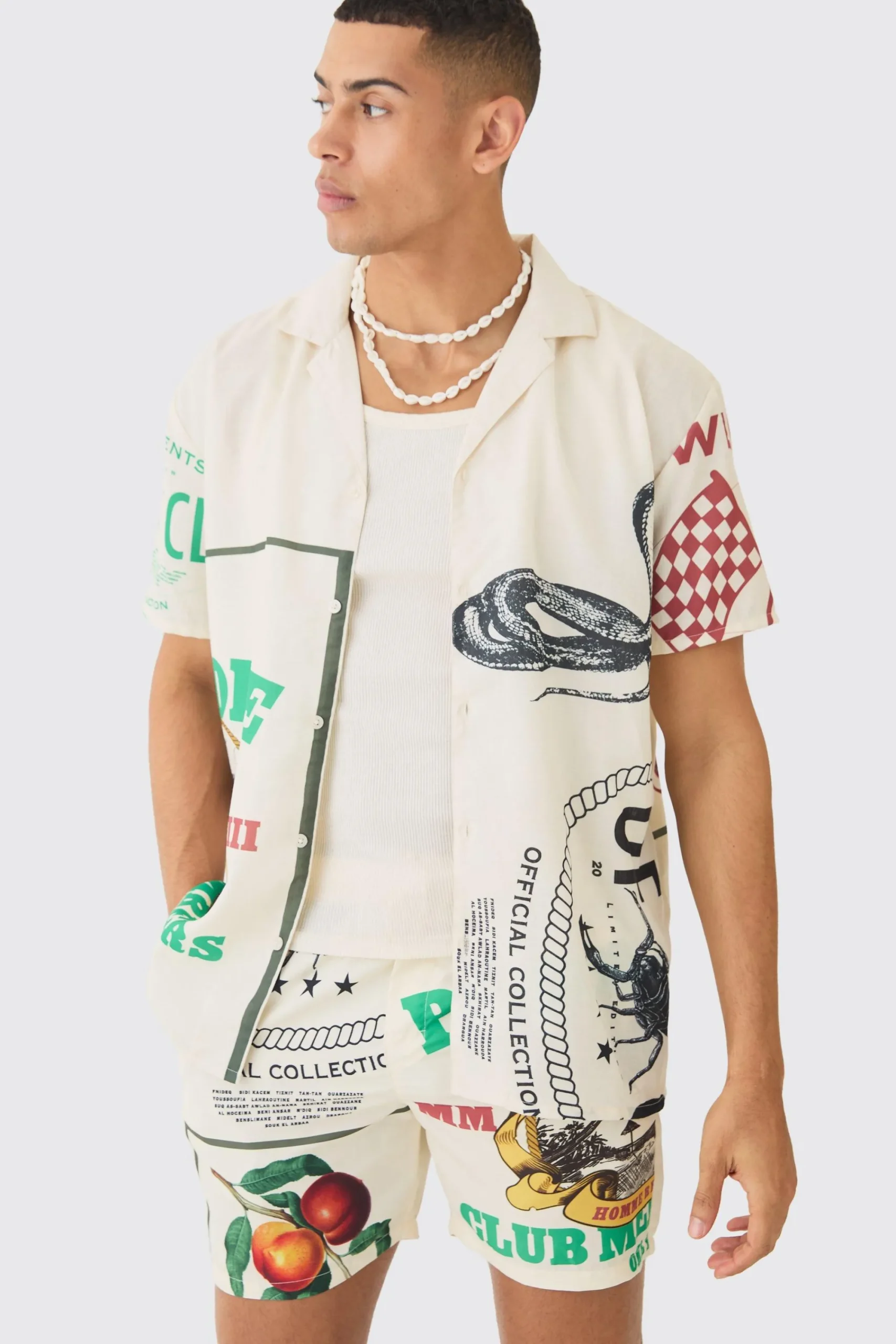 boohooMAN Oversized Linen Look Multi Print Set | UK| Sets & Co-Ords