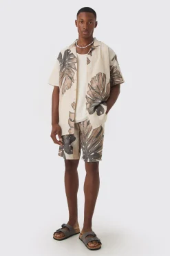 boohooMAN Oversized Linen Look Palm Shirt & Short | UK| Sets & Co-Ords