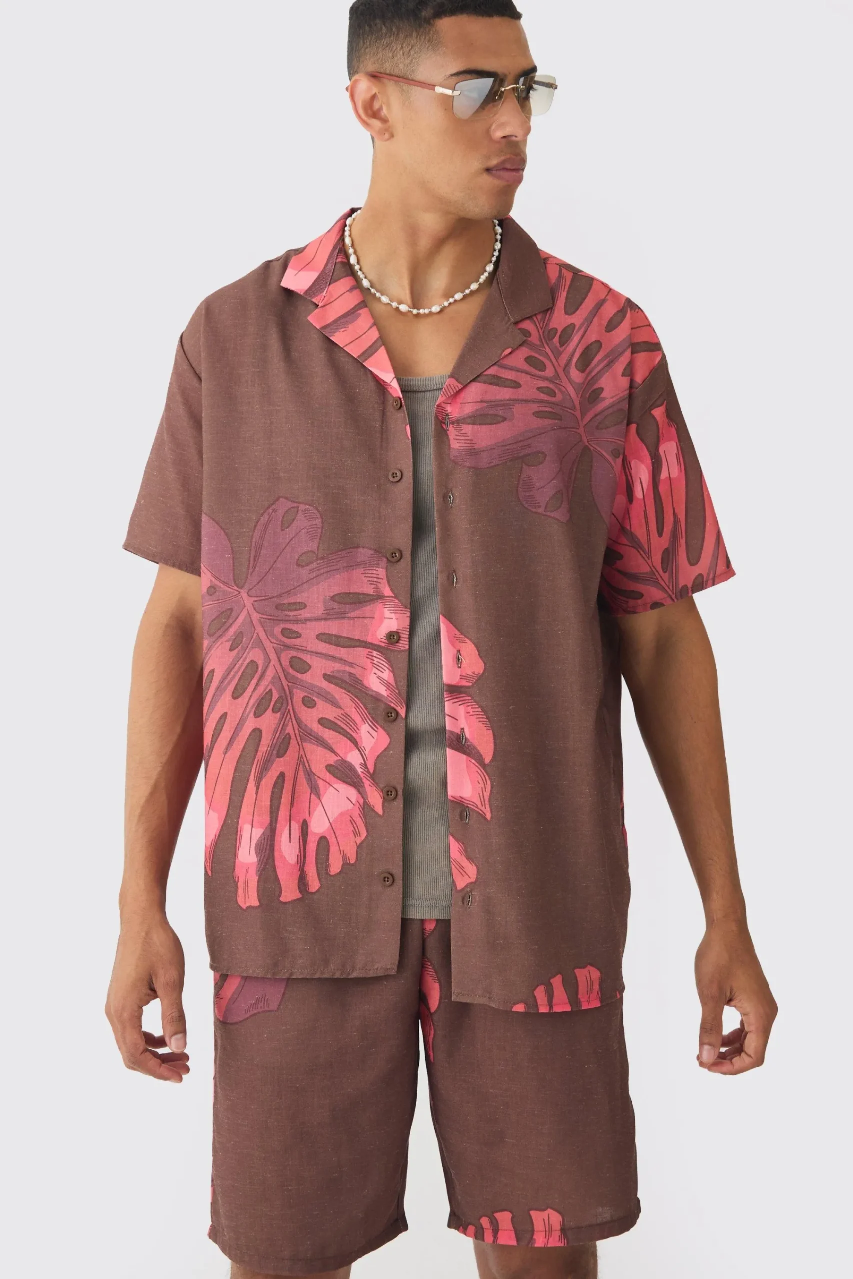 boohooMAN Oversized Linen Look Palm Shirt & Short | UK| Sets & Co-Ords