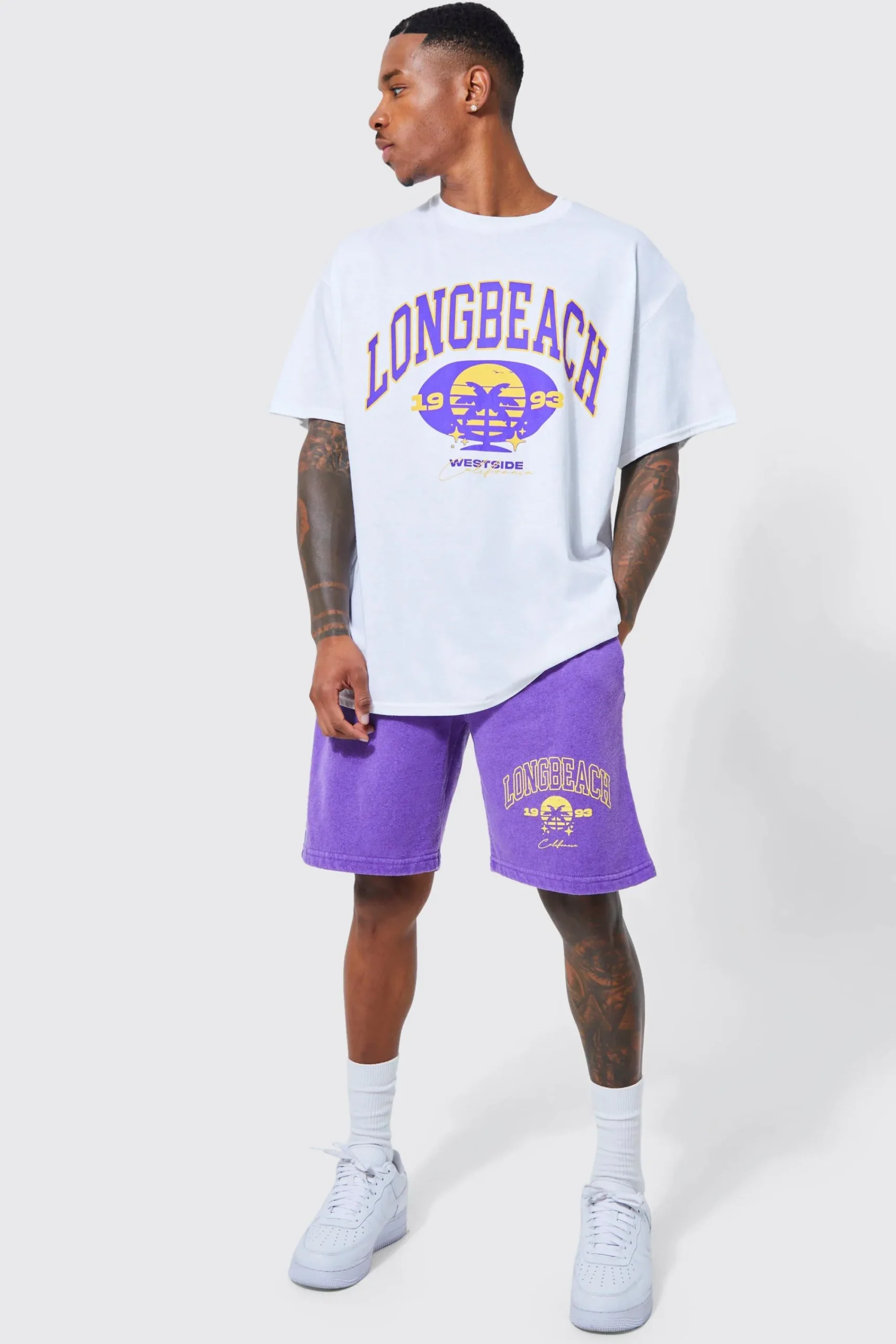 boohooMAN Oversized Long Beach Varsity T-shirt Set | UK| Sets & Co-Ords|Tracksuits