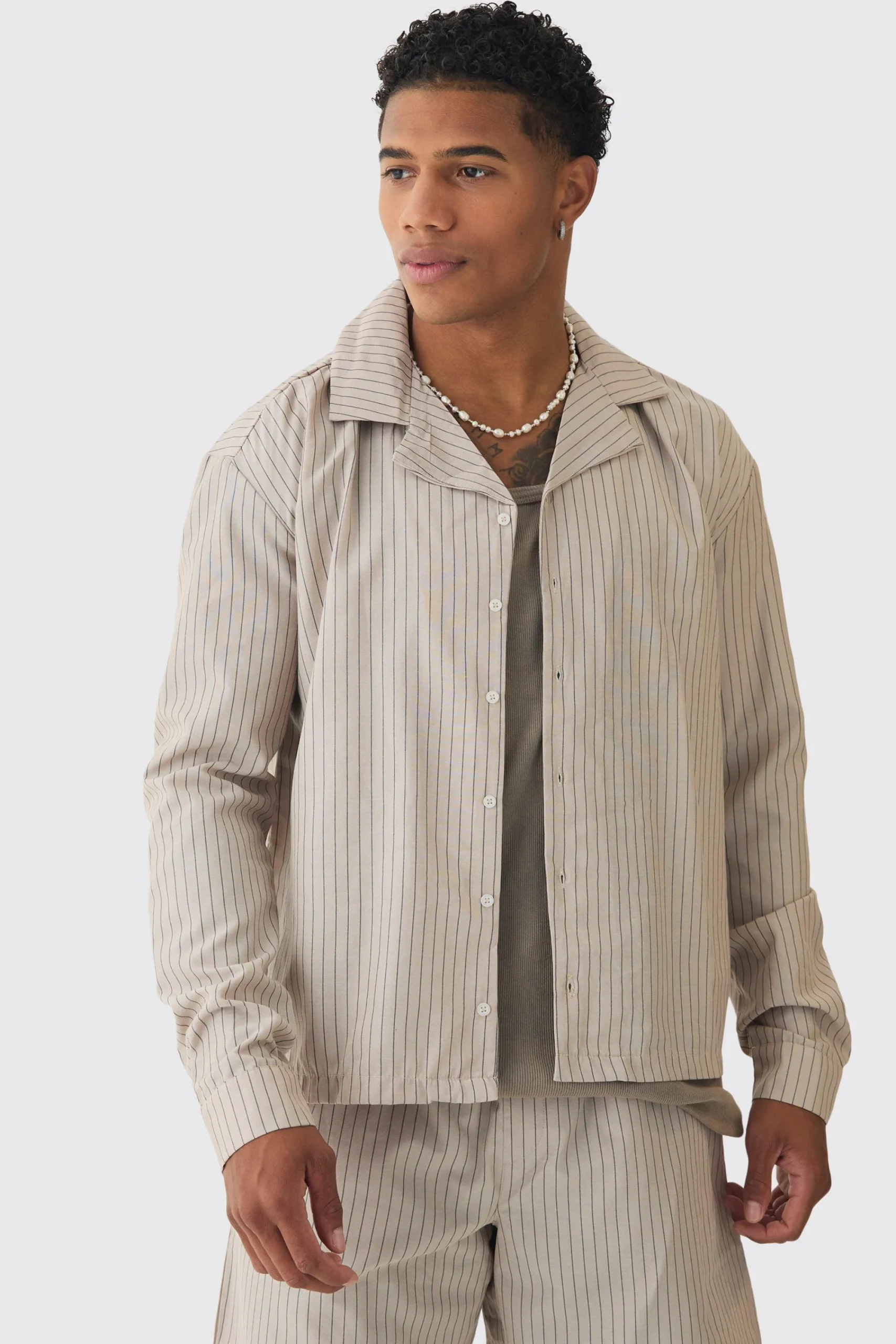 boohooMAN Oversized Long Sleeve Stripe Shirt & Short Set | UK| Sets & Co-Ords