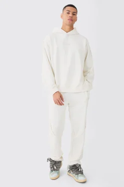 boohooMAN Oversized Loopback Raw Hem Panel Hooded Tracksuit | UK| Tracksuits