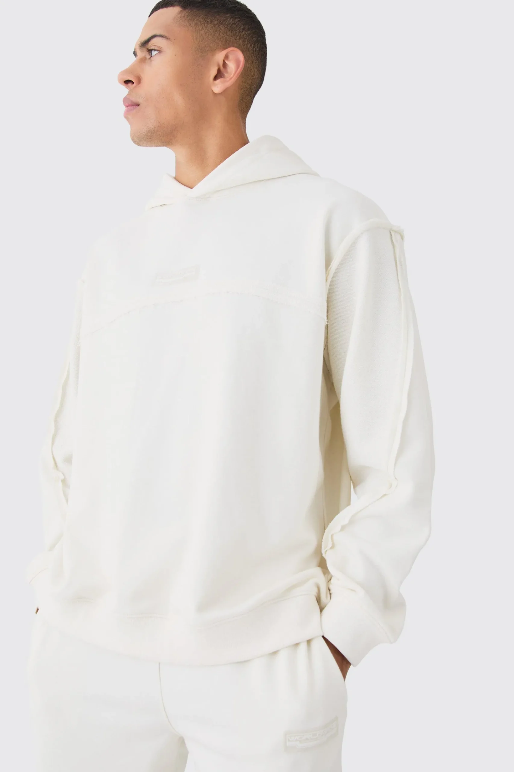 boohooMAN Oversized Loopback Raw Hem Panel Hooded Tracksuit | UK| Tracksuits