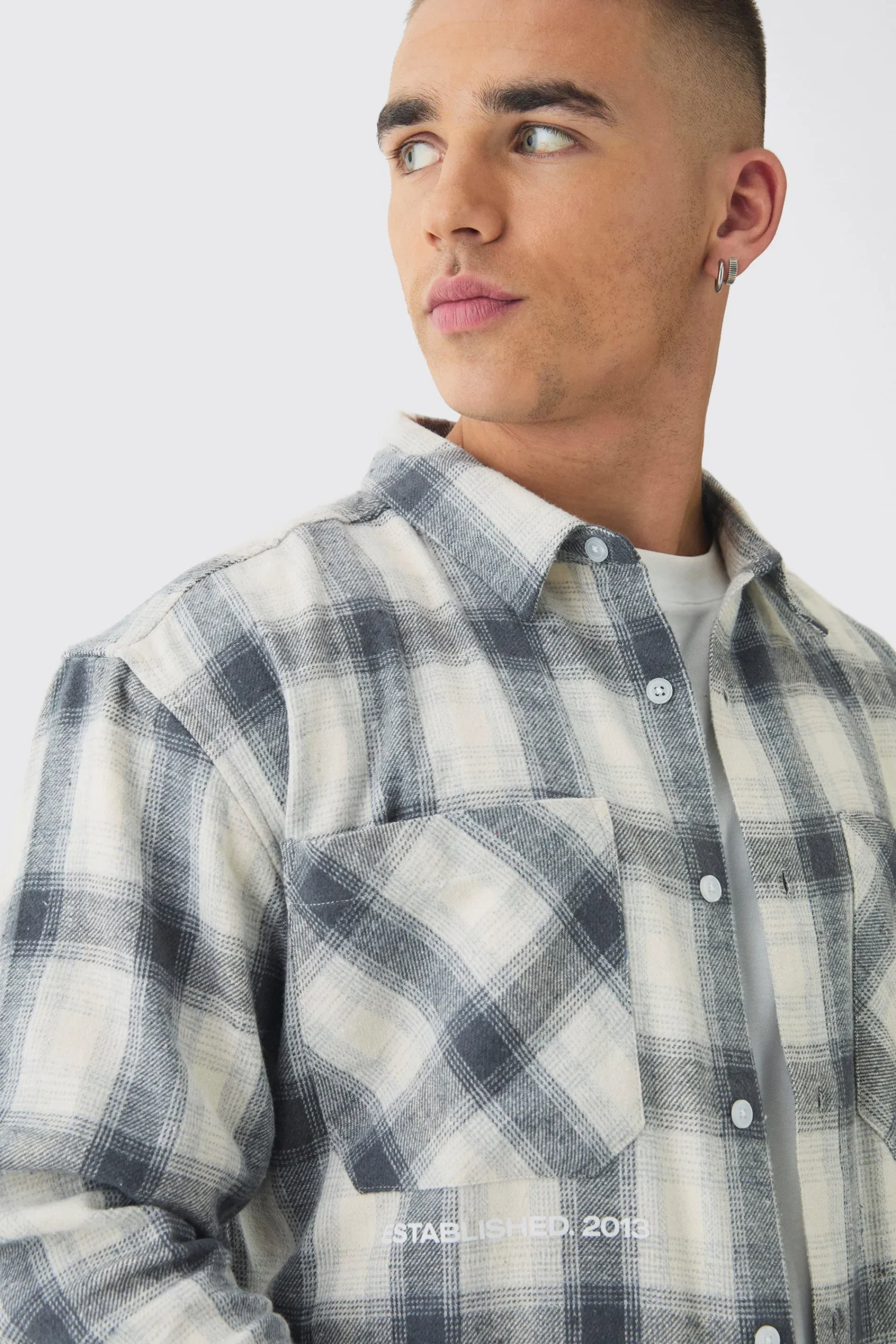 boohooMAN Oversized M Embroidered Check Long Sleeve Shirt | UK| Shirts