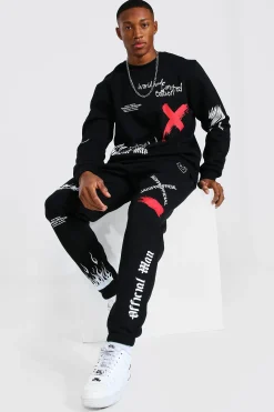 boohooMAN Oversized Man Graffiti Sweatshirt Tracksuit | UK| Tracksuits