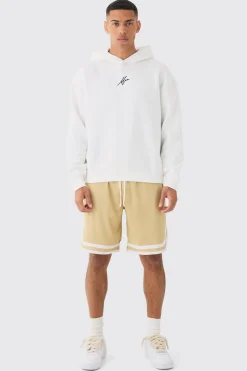 boohooMAN Oversized Man Signature Varsity Hoodie And Basketball Short Tracksuit | UK| Tracksuits