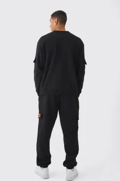 boohooMAN Oversized Man Tab Cargo Pocket Sweatshirt Tracksuit | UK| Tracksuits