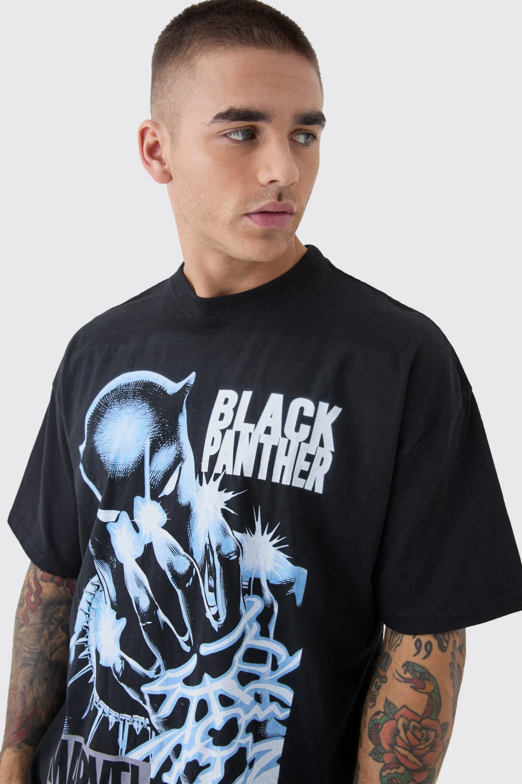 Oversized Marvel Panther License Print T-Shirt | UK^boohooMAN