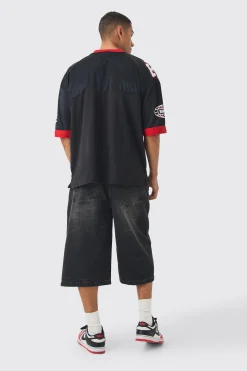 Oversized Mesh And Satin Applique Varsity T-shirt | UK^boohooMAN Online