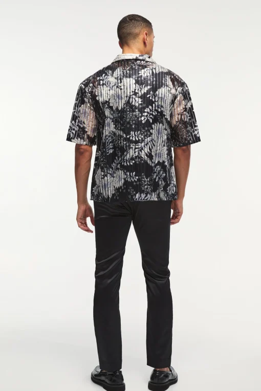 Oversized Mesh Pleated Printed Revere Shirt | UK^boohooMAN Clearance