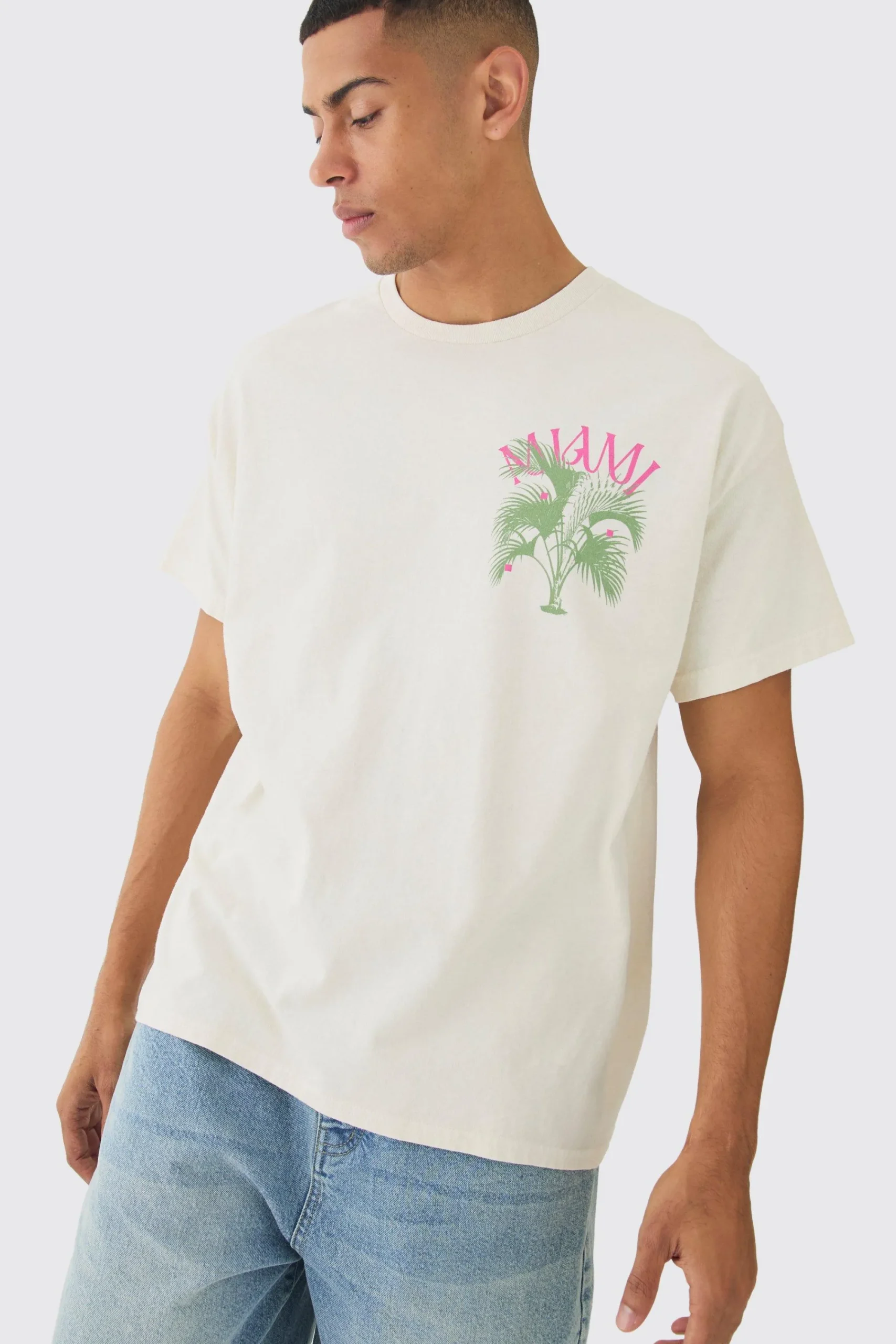 Oversized Miami Plant Print Wash T-shirt | UK^boohooMAN Hot