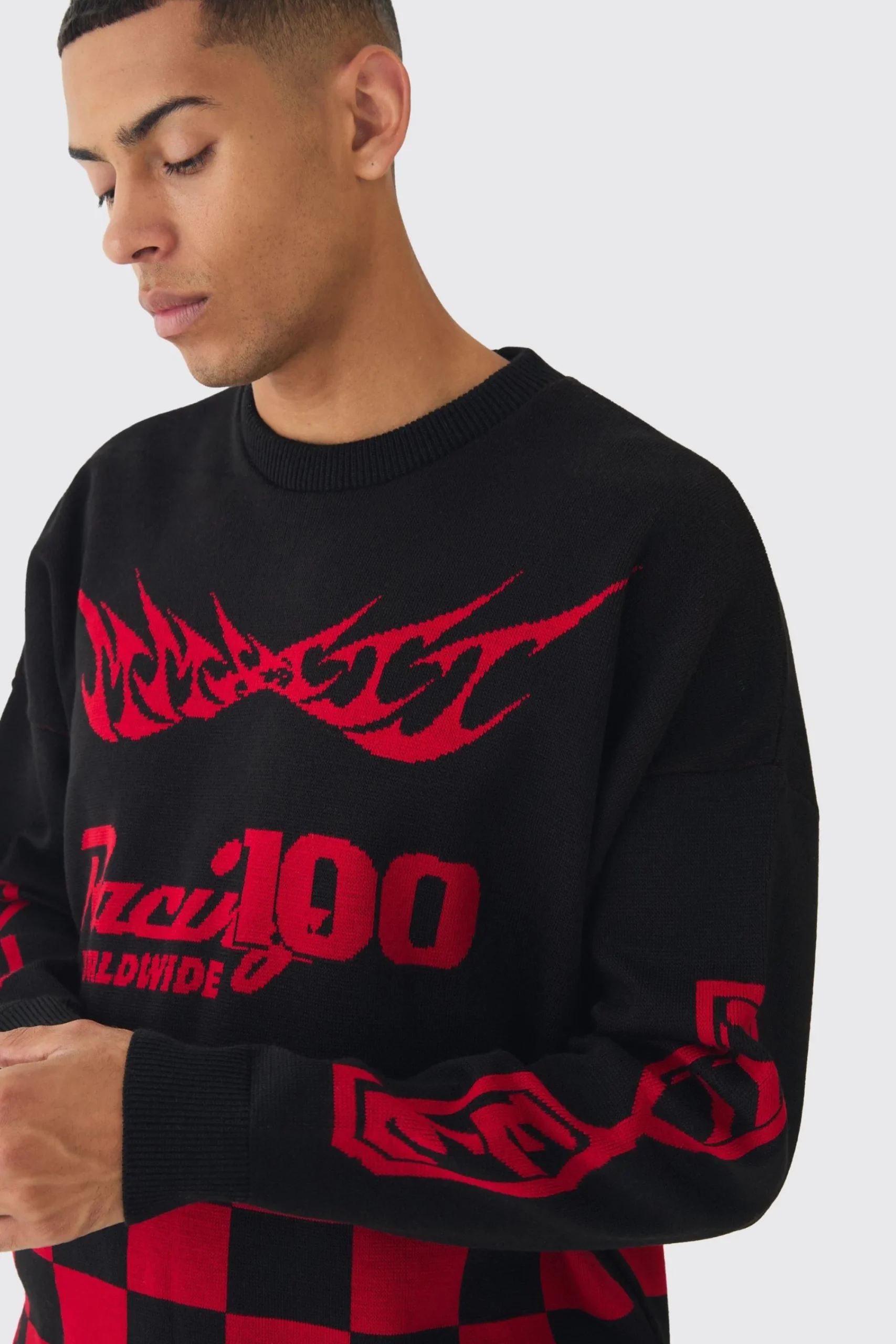 boohooMAN Oversized Moto Graphic Jumper In | UK| Knitwear