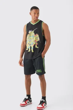 boohooMAN Oversized Ninja Turtles License Vest And Mesh Short Set | UK| Sets & Co-Ords|Tracksuits