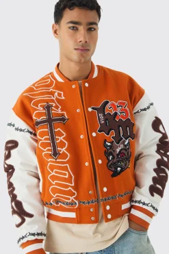 boohooMAN Oversized Ofcl Rose Varsity Jacket In | UK| Coats & Jackets