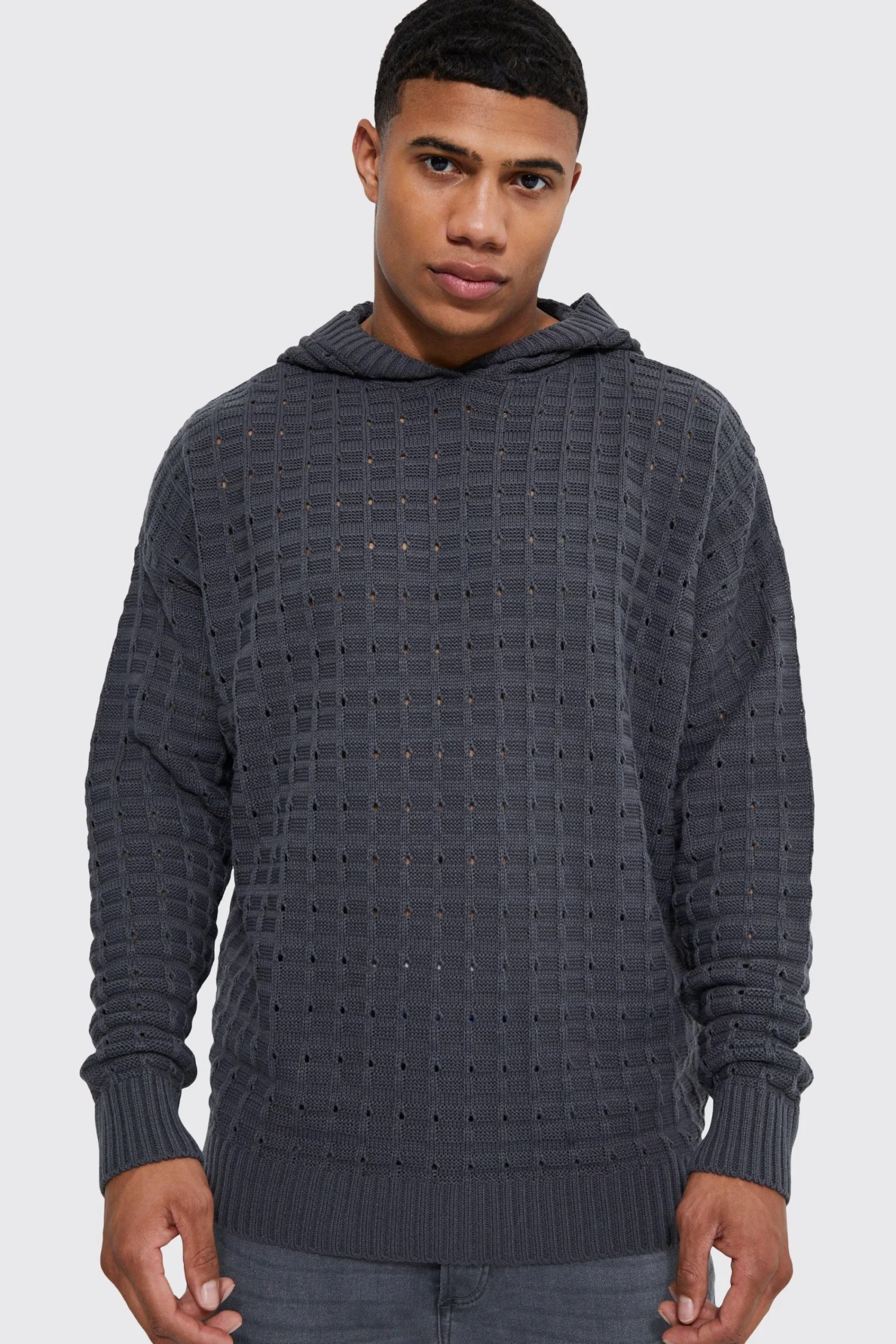 boohooMAN Oversized Open Stitch Hoodie | UK| Knitwear