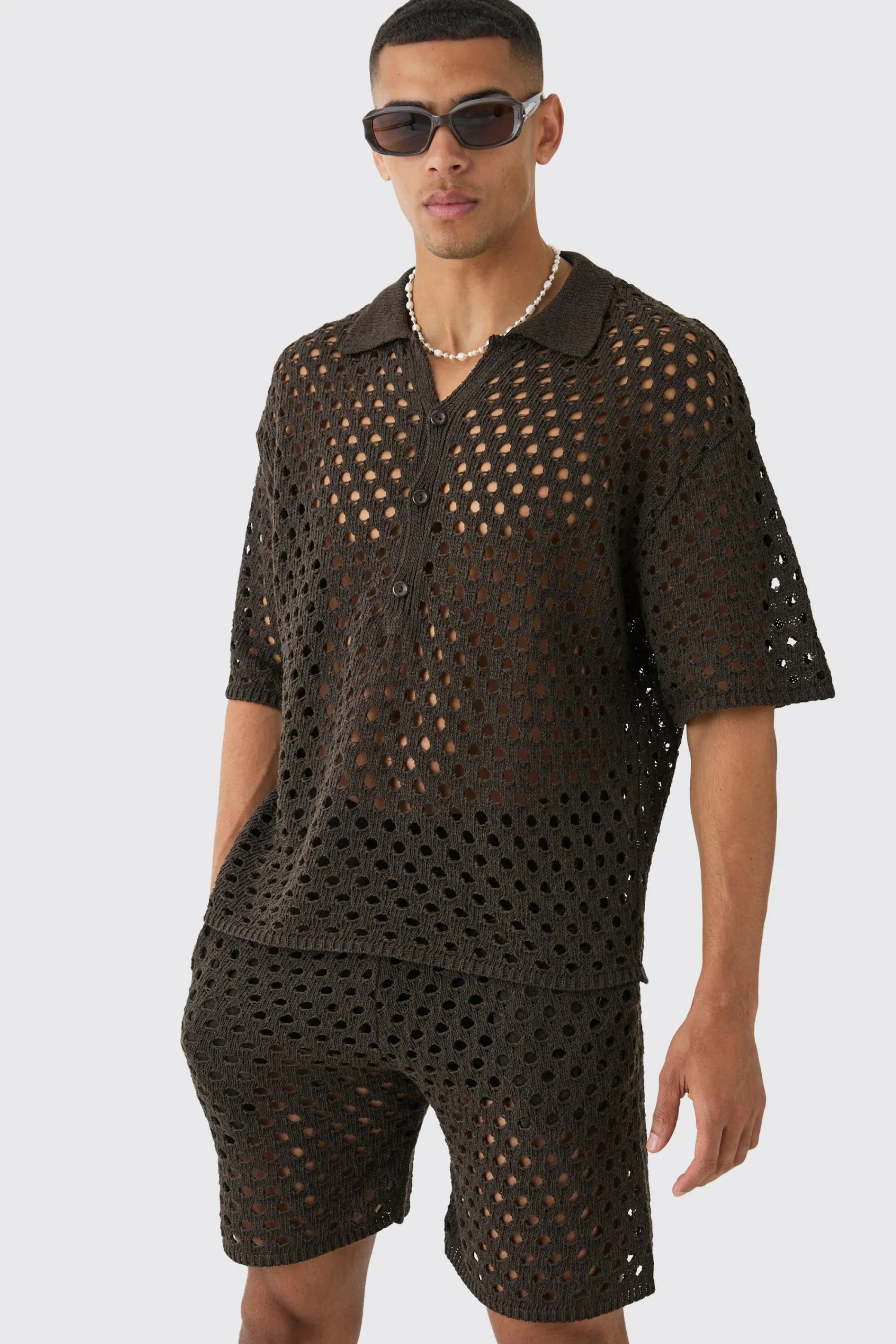 boohooMAN Oversized Open Stitch Knitted Short Set | UK| Tracksuits