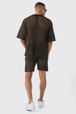 boohooMAN Oversized Open Stitch Knitted Short Set | UK| Tracksuits