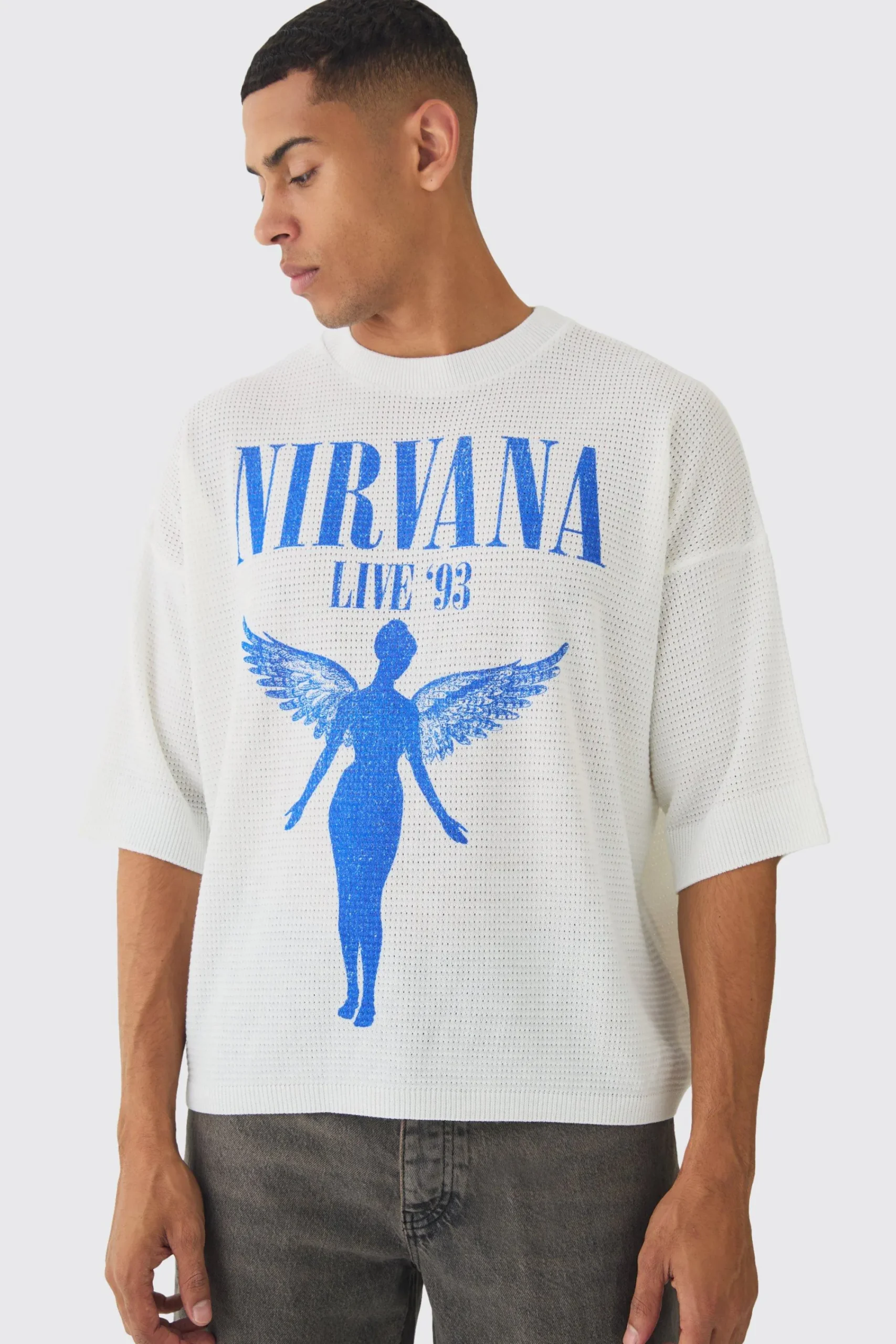 Oversized Open Stitch Nirvana License Printed Knitted T-shirt | UK^boohooMAN