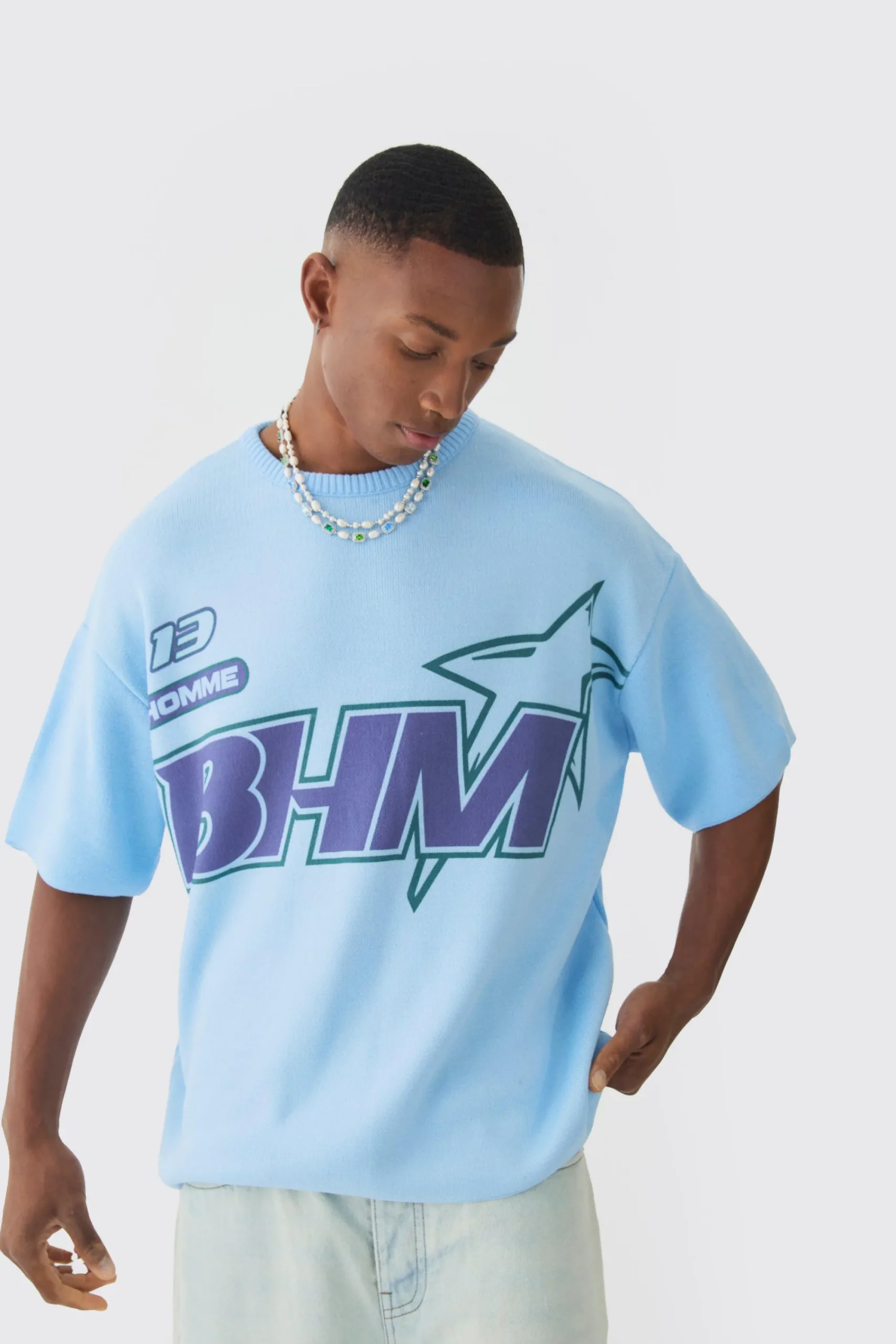 Oversized Open Stitch Printed Knitted T-shirt | UK^boohooMAN Online