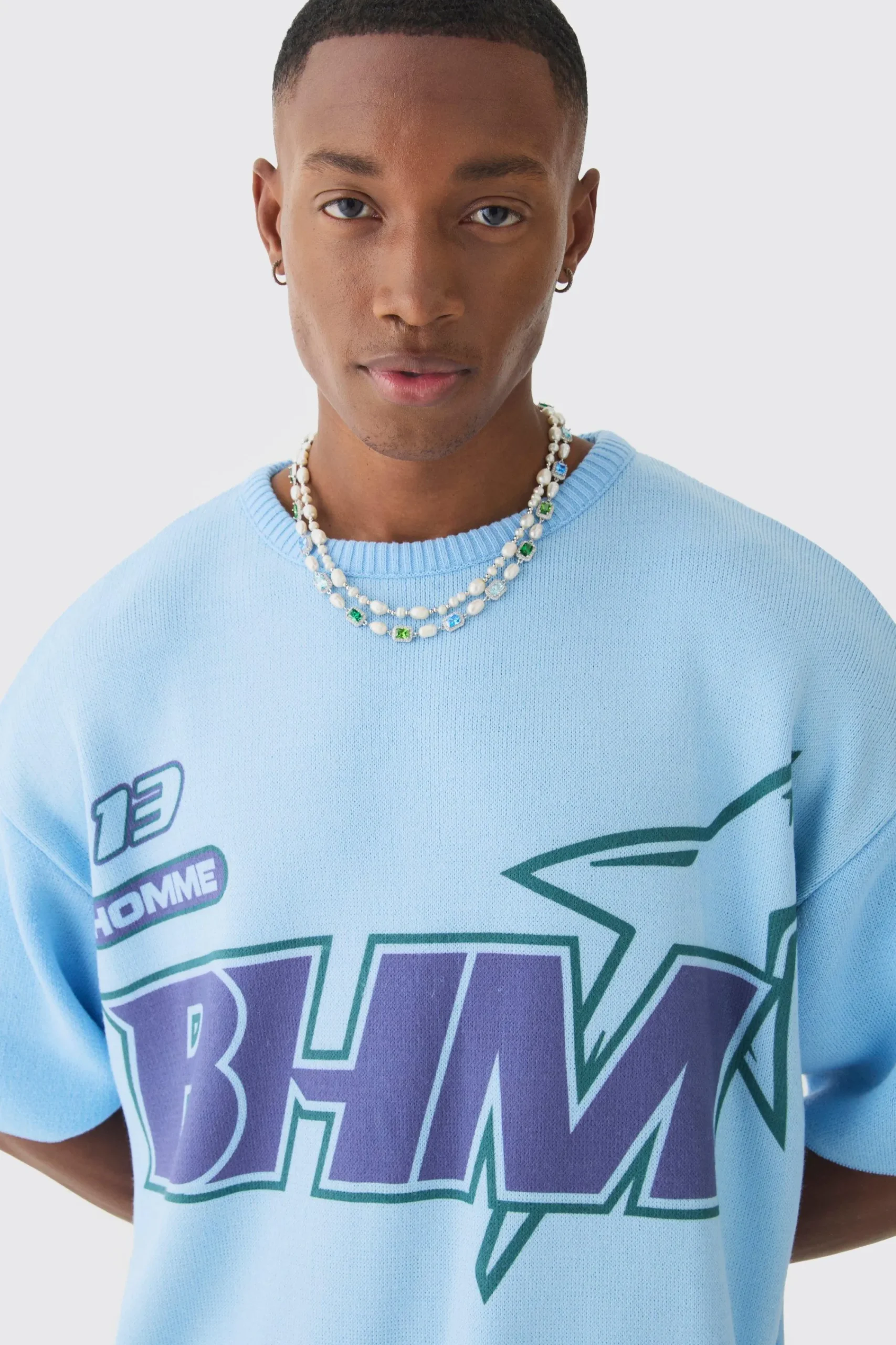 Oversized Open Stitch Printed Knitted T-shirt | UK^boohooMAN Online