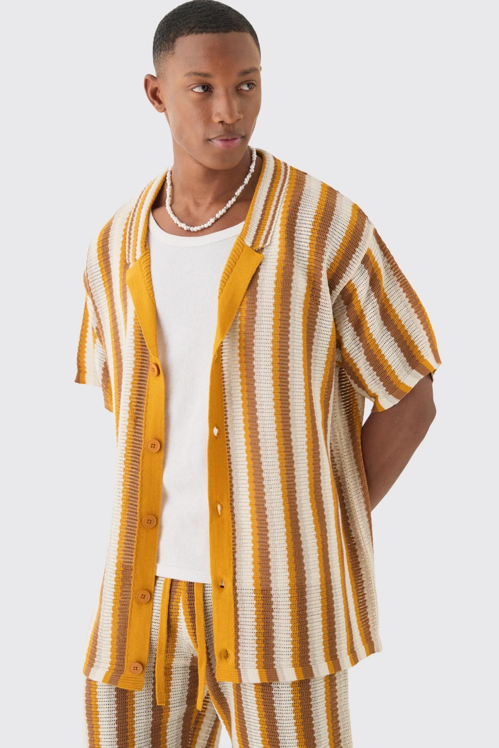 boohooMAN Oversized Open Stitch Stripe Knit Shirt In | UK| Shirts