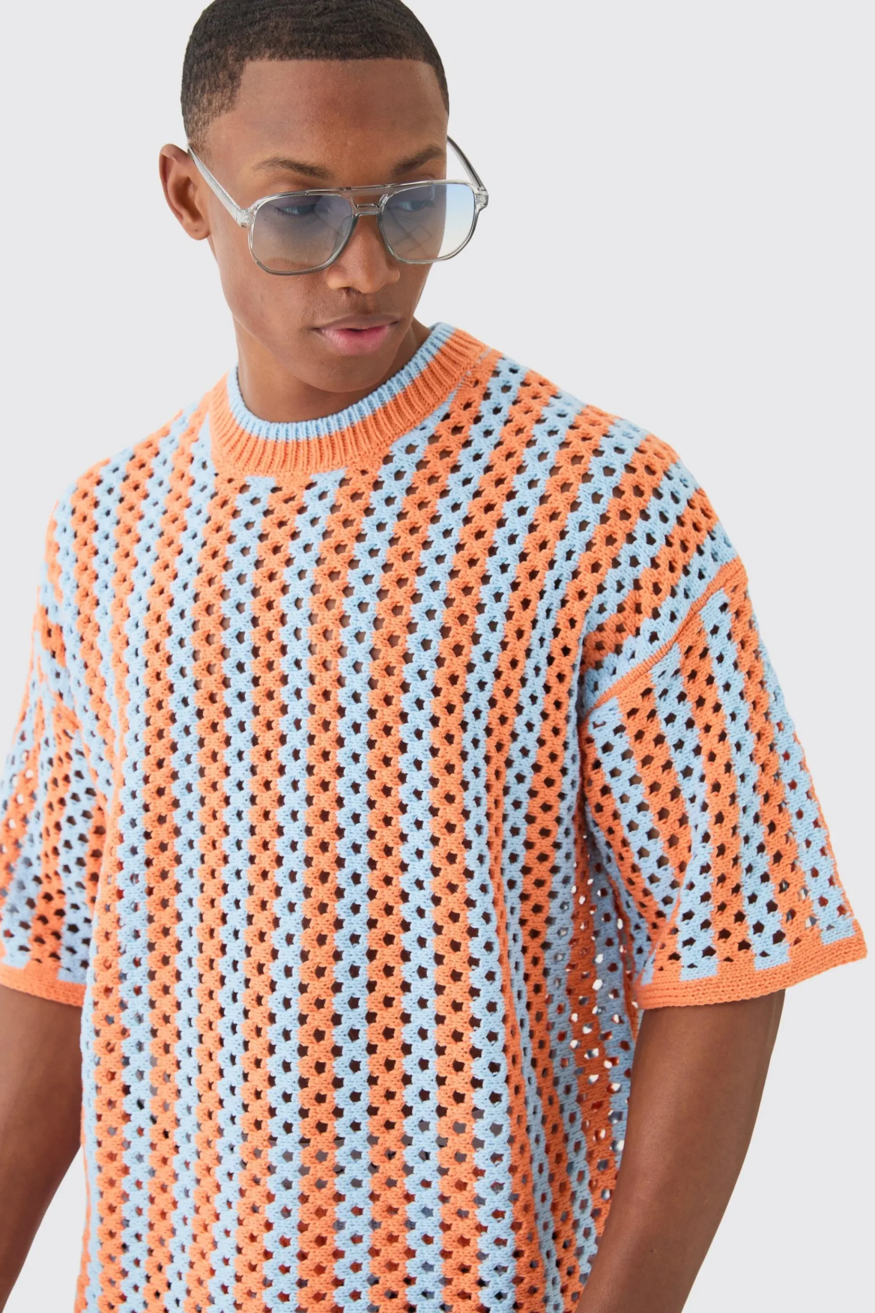 boohooMAN Oversized Open Stitch Stripe Knitted T-shirt | UK| Sets & Co-Ords