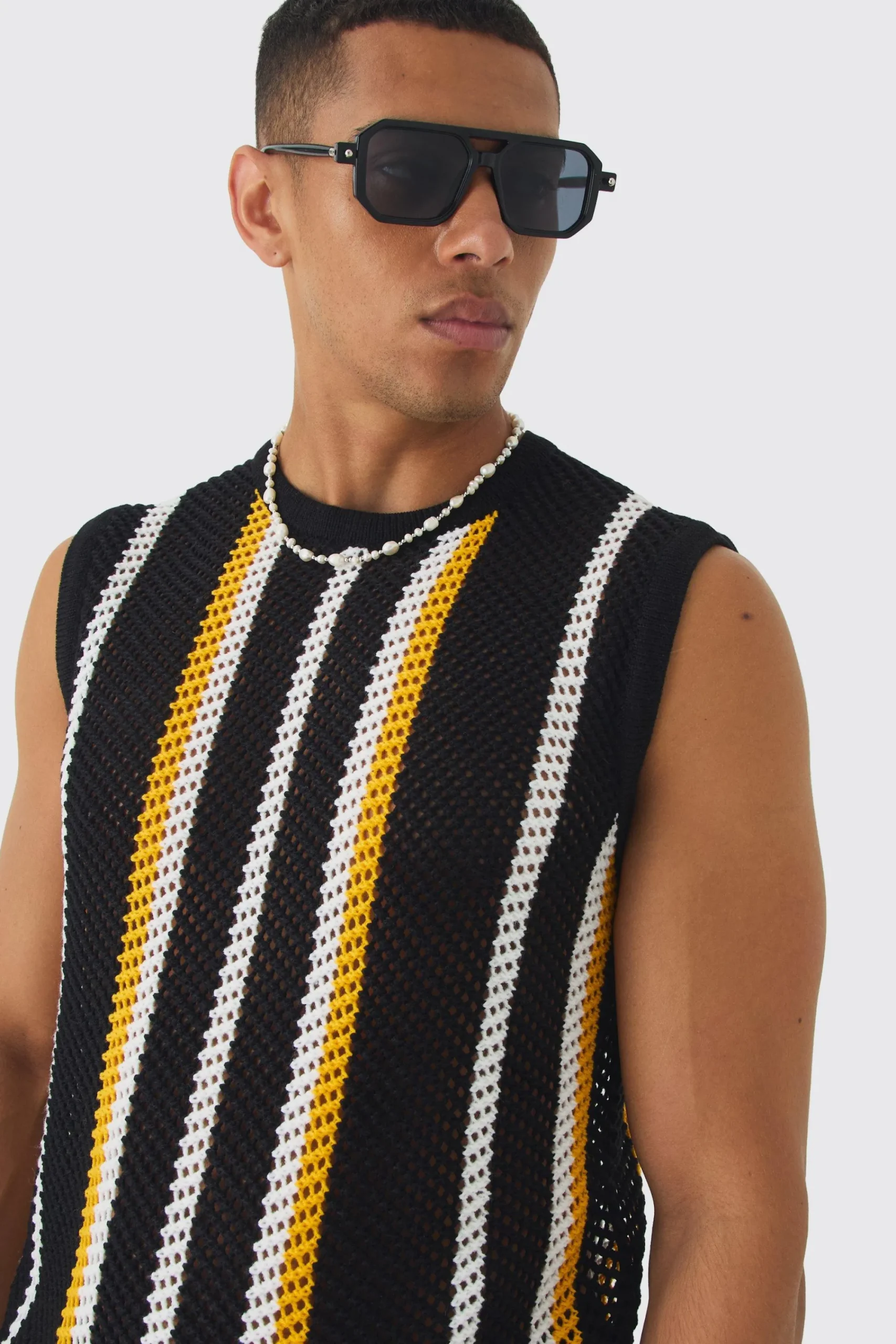 Oversized Open Stitch Stripe Knitted Tank Set | UK^boohooMAN