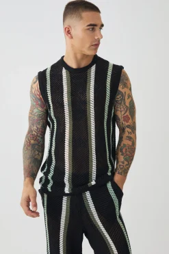 Oversized Open Stitch Stripe Knitted Tank & Trouser Set | UK^boohooMAN Hot