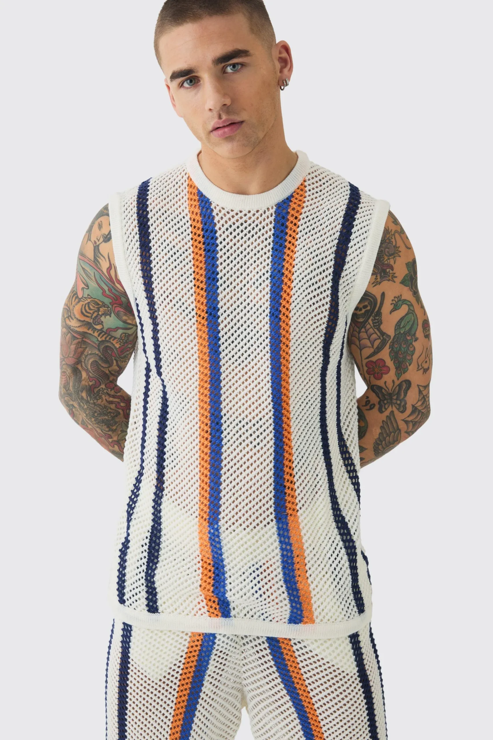 Oversized Open Stitch Stripe Knitted Tank & Trouser Set | UK^boohooMAN New