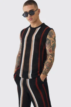 Oversized Open Stitch Stripe Knitted Tank & Trouser Set | UK^boohooMAN Outlet