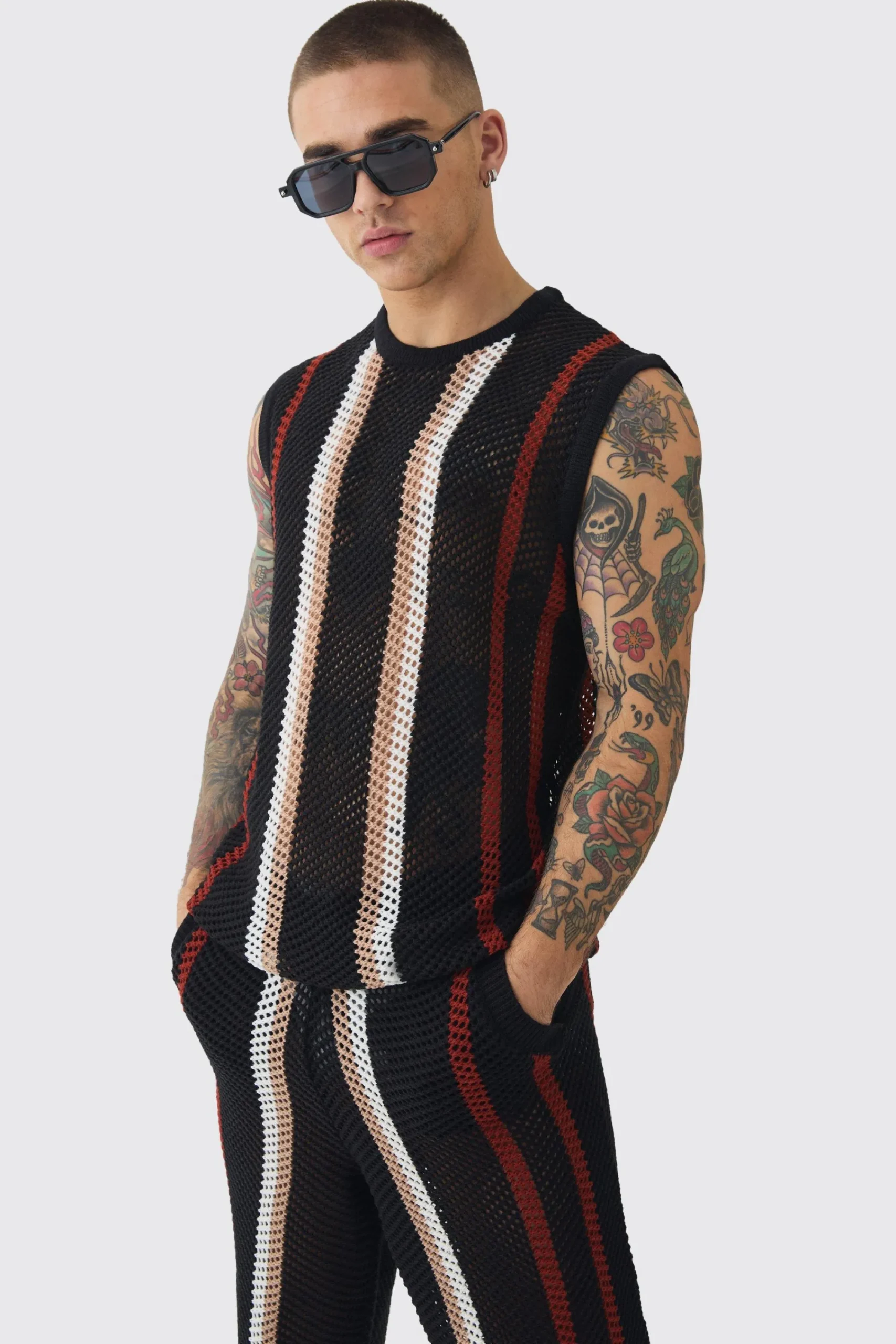Oversized Open Stitch Stripe Knitted Tank & Trouser Set | UK^boohooMAN Outlet